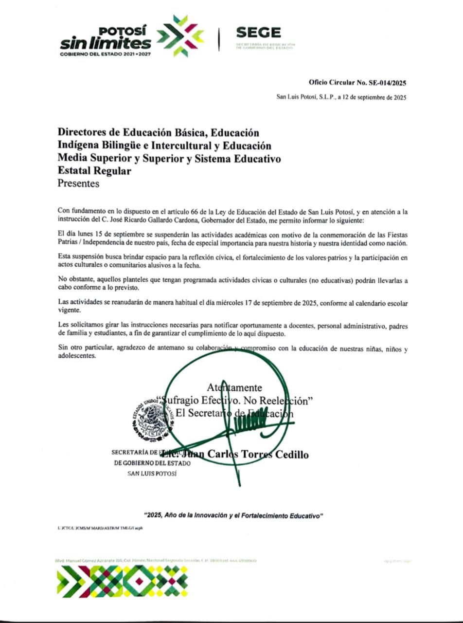 GOBIERNO ANUNCIA SUSPENSIÓN DE CLASES EL 15 DE&nbsp;SEPTIEMBRE