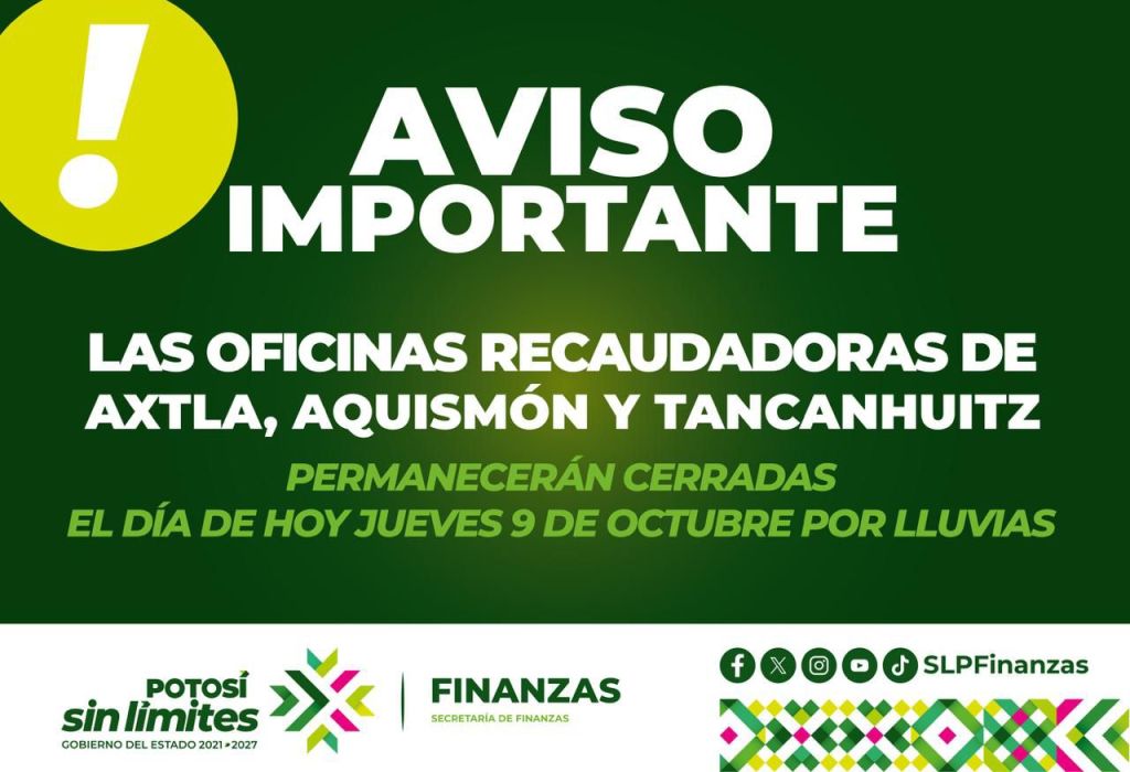 CIERRE TEMPORAL DE OFICINAS RECAUDADORAS EN TRES MUNICIPIOS DE LA HUASTECA POR&nbsp;LLUVIAS