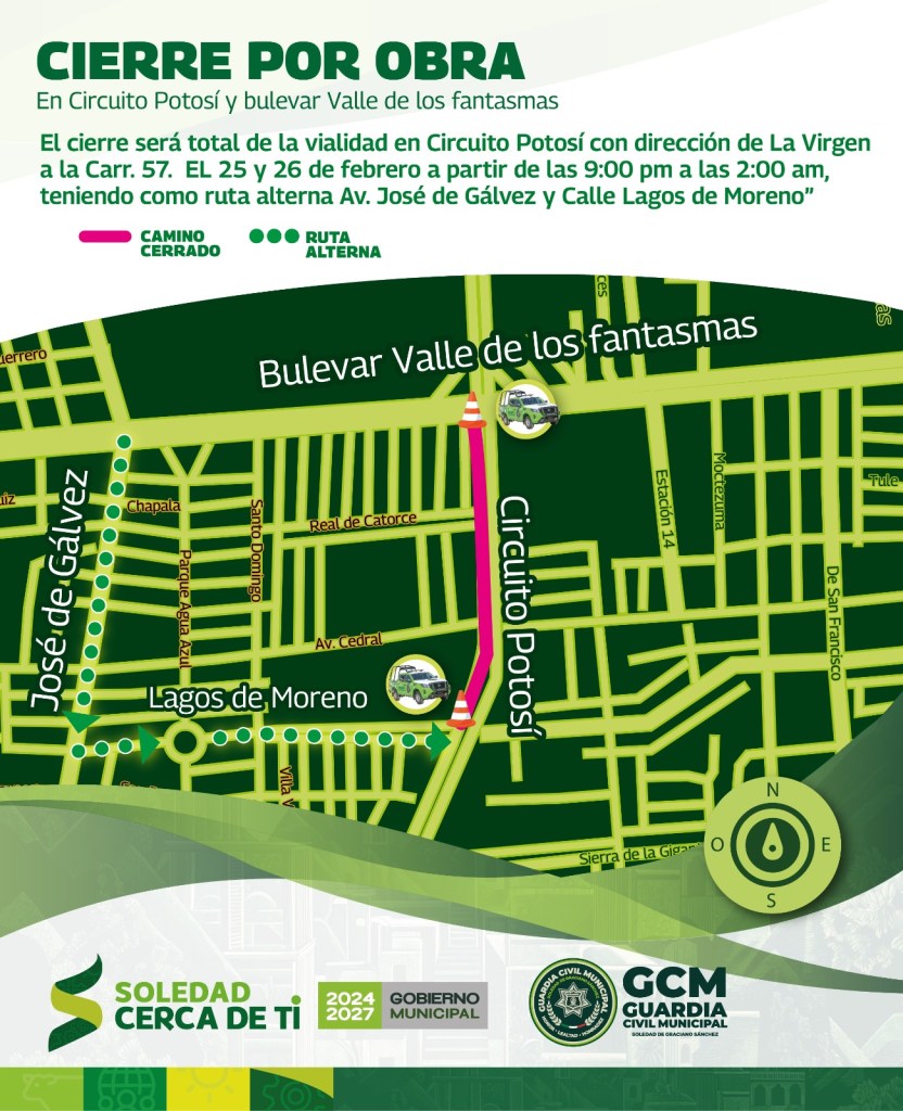 SEGURIDAD VIAL DE SOLEDAD INFORMA CIERRE VIAL PARCIAL NOCTURNO EN CIRCUITO&nbsp;POTOSÍ