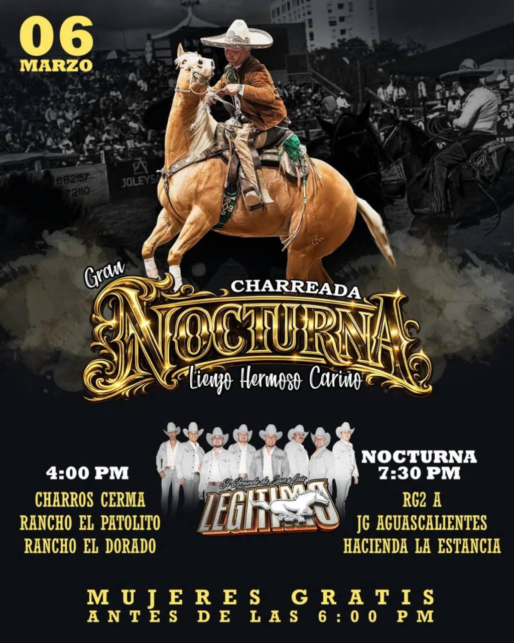 Charreada nocturna el viernes en el Hermoso&nbsp;Cariño