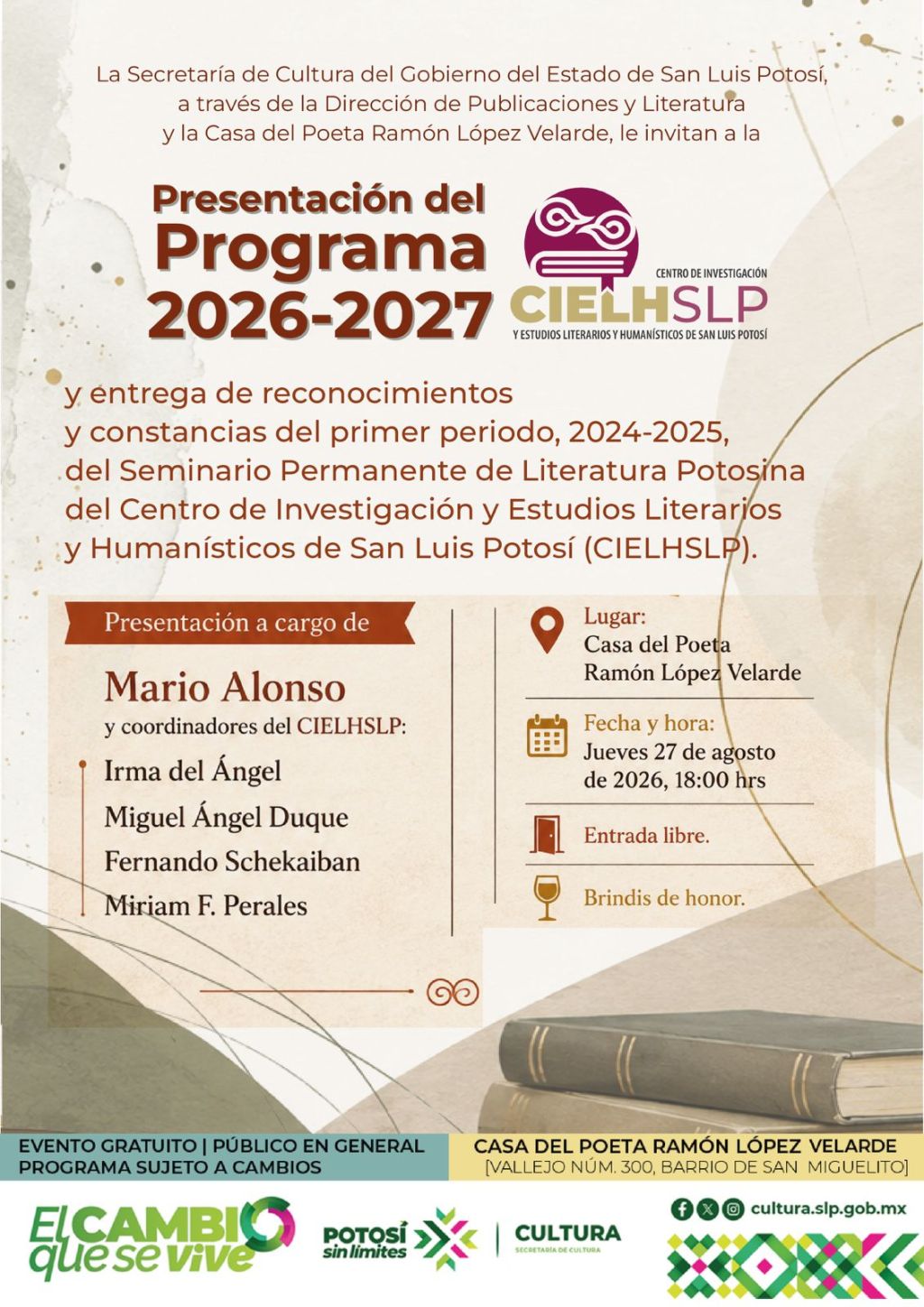 PRESENTACIÓN DEL PROGRAMA DEL SEGUNDO PERIODODEL SEMINARIO PERMANENTE DE LITERATURA POTOSINA DEL CIELHSLP YENTREGA DE RECONOCIMIENTOS Y CONSTANCIAS DEL PRIMER&nbsp;PERIODO